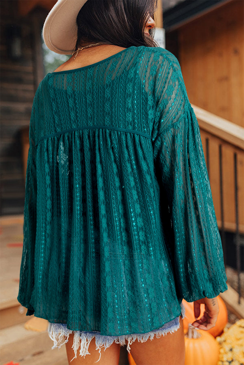 Premium Evergreen Sheer Lace Balloon Sleeve Babydoll Blouse Dear-Lover Dropshipping